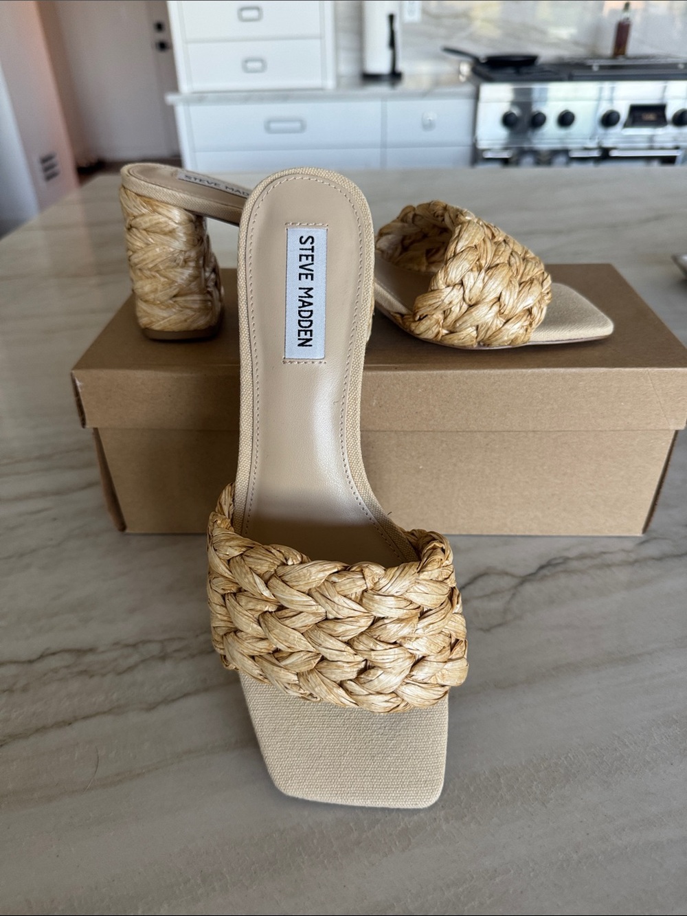 Steve Madden Braided Natural Raffia Block Heel Mules - Tan - LAVEDA